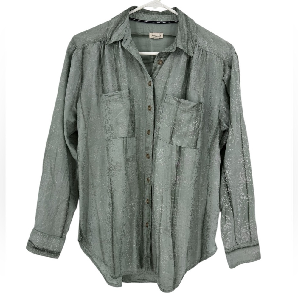 Anthropologie Pilcro Sage Green Foil Shine Button Down Shirt Top Size S - Picture 4 of 16